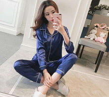 Load image into Gallery viewer, Women Silk Pajama Satin ladies Pajamas Sets Long Sleeves Turn-down Collar Pocket Decor with Button Top+Pants Women Silk Pajamas - Ole Misc.
