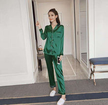 Load image into Gallery viewer, Women Silk Pajama Satin ladies Pajamas Sets Long Sleeves Turn-down Collar Pocket Decor with Button Top+Pants Women Silk Pajamas - Ole Misc.
