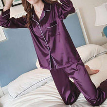 Load image into Gallery viewer, Women Silk Pajama Satin ladies Pajamas Sets Long Sleeves Turn-down Collar Pocket Decor with Button Top+Pants Women Silk Pajamas - Ole Misc.