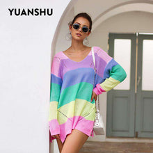 Load image into Gallery viewer, YUANSHU 2019 Autumn Women Sweaters V Neck Rainbow Striped Long Sleeve Winter Knitting Pullovers One Shoulder Sexy Woman Sweater - Ole Misc.