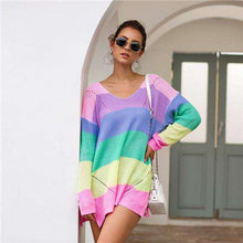 Load image into Gallery viewer, YUANSHU 2019 Autumn Women Sweaters V Neck Rainbow Striped Long Sleeve Winter Knitting Pullovers One Shoulder Sexy Woman Sweater - Ole Misc.