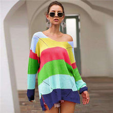Load image into Gallery viewer, YUANSHU 2019 Autumn Women Sweaters V Neck Rainbow Striped Long Sleeve Winter Knitting Pullovers One Shoulder Sexy Woman Sweater - Ole Misc.