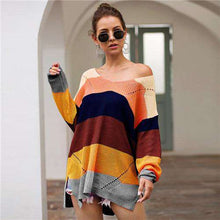 Load image into Gallery viewer, YUANSHU 2019 Autumn Women Sweaters V Neck Rainbow Striped Long Sleeve Winter Knitting Pullovers One Shoulder Sexy Woman Sweater - Ole Misc.
