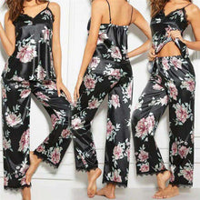 Load image into Gallery viewer, New fashion ladies underwear sleeveless black lace floral pajamas + printed satin trousers underwear set - Ole Misc.