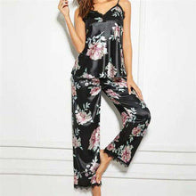 Load image into Gallery viewer, New fashion ladies underwear sleeveless black lace floral pajamas + printed satin trousers underwear set - Ole Misc.