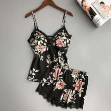 Load image into Gallery viewer, QWEEK Sleep Lounge Pajama Set Sexy Satin Sleepwear Women Summer Pyjama Femme Fashion Flower Pajamas for Women with Chest Pad - Ole Misc.