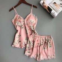 Load image into Gallery viewer, QWEEK Sleep Lounge Pajama Set Sexy Satin Sleepwear Women Summer Pyjama Femme Fashion Flower Pajamas for Women with Chest Pad - Ole Misc.