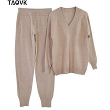 Load image into Gallery viewer, TAOVK Soft winter knitted Suit Women's Sets Streetwear V-neck Sweaters Elastic Band Pants two piece set 2 Piece Set house suit - Ole Misc.