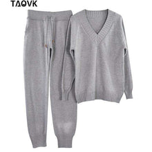 Load image into Gallery viewer, TAOVK Soft winter knitted Suit Women's Sets Streetwear V-neck Sweaters Elastic Band Pants two piece set 2 Piece Set house suit - Ole Misc.