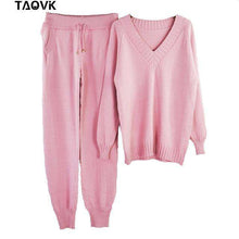 Load image into Gallery viewer, TAOVK Soft winter knitted Suit Women's Sets Streetwear V-neck Sweaters Elastic Band Pants two piece set 2 Piece Set house suit - Ole Misc.