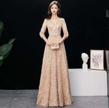 Load image into Gallery viewer, weiyin Gold Formal Evening Dresses V Neck Long Pink Sequin Wedding Guest Party 2019 Maxi Evening Gown Dress WY1276 - Ole Misc.