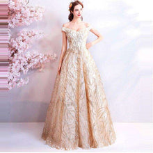 Load image into Gallery viewer, It's YiiYa Evening Dress 2019 Gold Off Shoulder Boat Neck Women Party Floor length Dresses Lace Up Sequins Formal Dresses LX813 - Ole Misc.