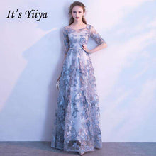 Load image into Gallery viewer, It's YiiYa Evening Dress Gray Floral Print Embroidery Formal Dresses O neck Half Sleeve A line Floor length Party Gown  E039 - Ole Misc.
