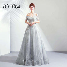 Load image into Gallery viewer, It's YiiYa Evening Dress Flowers Embroidery Gray Party Gown Shining Glitter Pearls Beading Boat Neck Wedding Formal Dresses E196 - Ole Misc.