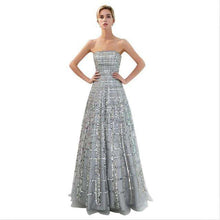 Load image into Gallery viewer, JaneVini Sparkly Grid Sequined Beading Grey Long Bridesmaid Dresses A Line Strapless Tulle Pageant Prom Party Gowns Floor Length - Ole Misc.