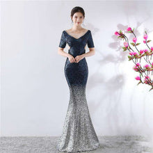 Load image into Gallery viewer, Skyyue O neck Floor Length Elegant Formal Gowns Women Party Dresses Short Sleeve Sequin Evening Dress Robe De Soiree 2019 C166 - Ole Misc.