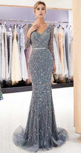 Load image into Gallery viewer, Gray Mermaid Beads Lace Evening Dresses 2019 V Neck Sequins Party Gowns Three Quarter Sleeves Luxury Beading Formal Party Dress - Ole Misc.