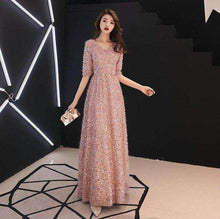 Load image into Gallery viewer, weiyin Gold Formal Evening Dresses V Neck Long Pink Sequin Wedding Guest Party 2019 Maxi Evening Gown Dress WY1276 - Ole Misc.