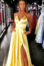Load image into Gallery viewer, Sexy Slit V Neck Satin Yellow Evening Dresses Long 2019 A Line Cris cross Back Prom Dresses Formal Party Gown Robe de soiree - Ole Misc.