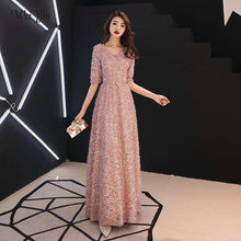 Load image into Gallery viewer, weiyin Gold Formal Evening Dresses V Neck Long Pink Sequin Wedding Guest Party 2019 Maxi Evening Gown Dress WY1276 - Ole Misc.